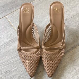 Women's Tan Pointed-Toe Mesh stiletto Mule heels cosy island 9.5